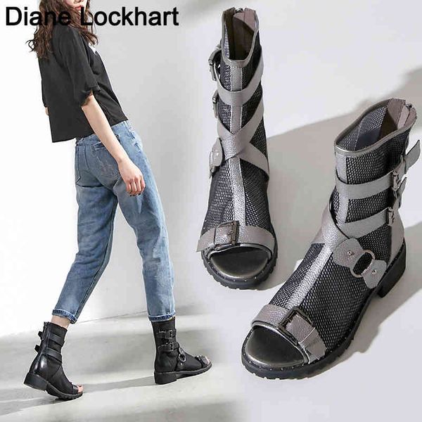 

boots genuine leather rome boots for women open toe mesh summer female buckle fashion gladiator shoes woman ankle 38s 39s 220901, Black