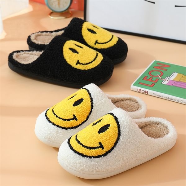 

slippers fluffy fur winter smile face pattern womens cute cartoon warm short plush couple shoes fleece flat 220901, Black