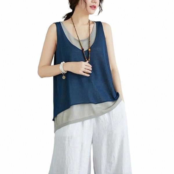 

women's tanks & camis women's tanks & camis 2022 fake two-piece cotton and linen vest female summer loose knitted suspenders casua, White