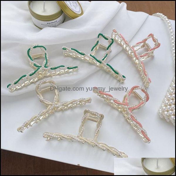 

clamps women t word ribbon shape hair clamp drop oil millet beads twist hairpins ponytail alloy large size claw clips eu yummyjewelry dhlhg, Slivery;golden