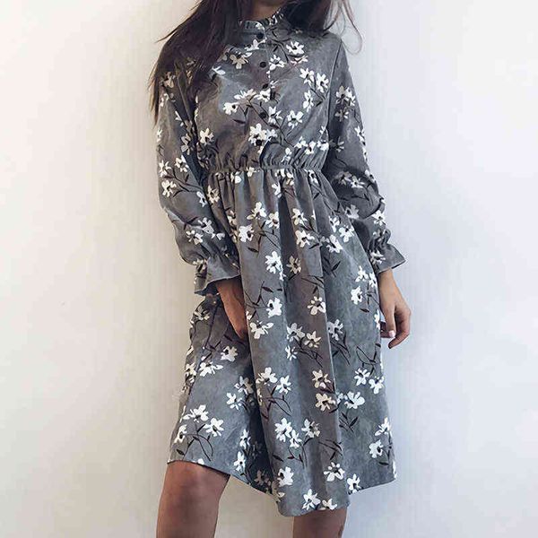 

casual dresses winter korean print flowers women kawaii dress vintage long sleeve mid-calf party dress button o-neck vestidos cute clothing, Black;gray