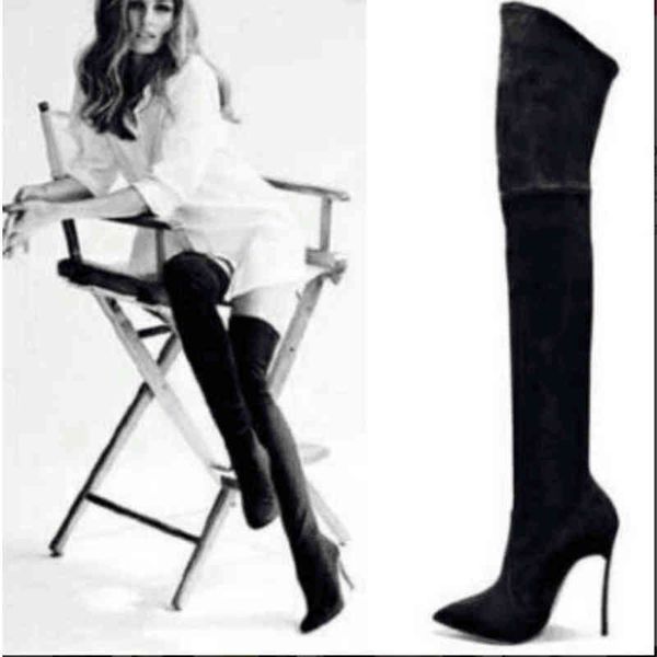 

boots straight elastic knee women's thin heel legs thigh tips 220901, Black