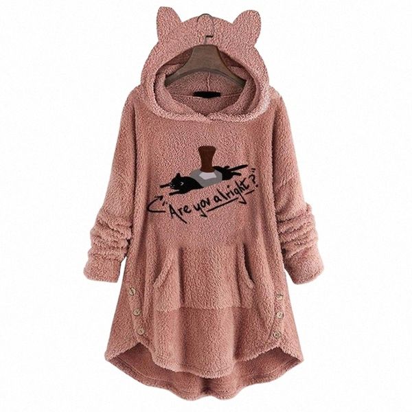 

women's hoodies & sweatshirts women's hoodies & sweatshirts 2021 women long sleeve cat ear pullover hoodie fleece printed with but, Black