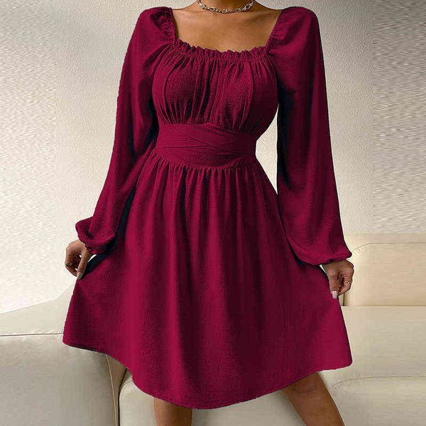 

casual dresses women casual high waist pleated commuter dresses autumn elegant solid long sleeve dress fashion square collar a-line party dr, Black;gray