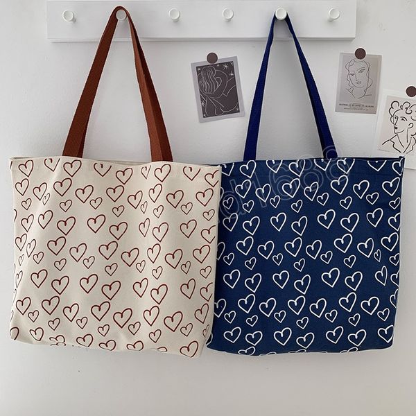 

cute heart female canvas shoulder bags portable all-match women shopping bag simple large capacity students girls tote handbags, Black;red