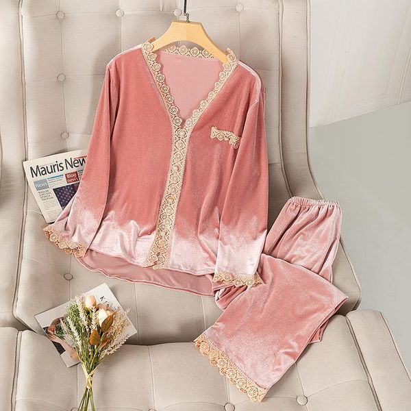 

casual home clothing sleepwear velour homewear v-neck women pajamas suit, Black;red
