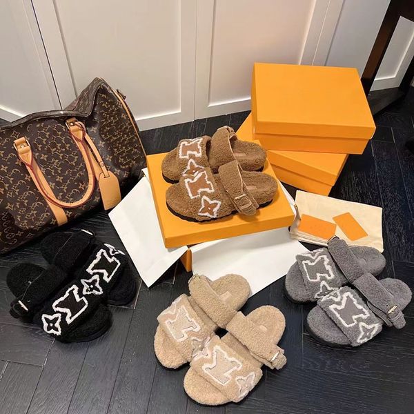 

2022 women wool slides warm comfort slippers luxury designer fur fluffy furry warm letters classic sandals girls comfortable flip flop slipp, Black