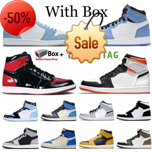 

boots 2022 with box jumpman 1 1s mens basketball shoes hyper royal university blue electro orange bred paten unc twist obsidian rust pink wo, Black