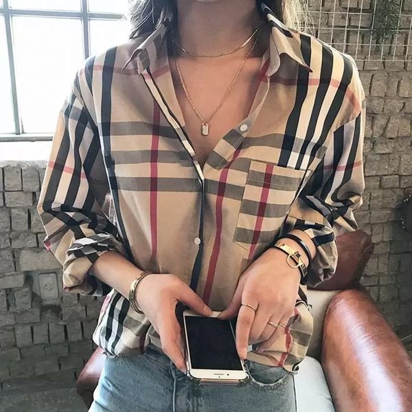

2022 designer women's contrast color blouses shirts fashion classic summer new plaid t-shirt plus size casual long sleeve r, White