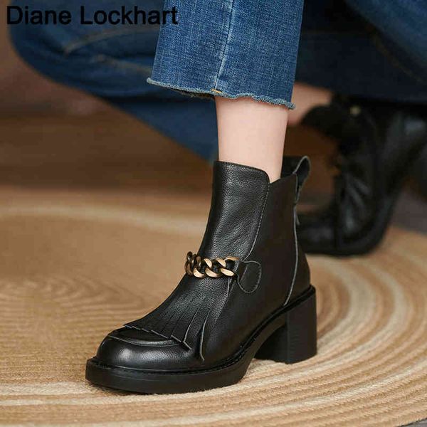 

boots leather runway short ladies fringe ankle zip chunky high heel shoes woman chain tassel boot women winter bottines 220901, Black