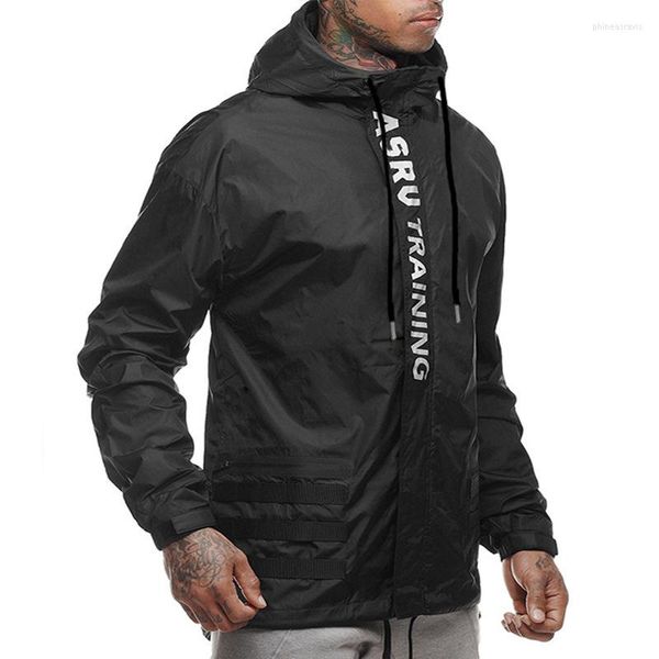 

men's jackets streetwear men fashion letter reflective print hooded jacket design polyester coats male black white, Black;brown