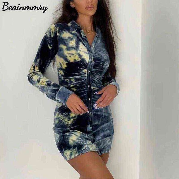 

casual dresses women chic slim fit single breasted tie dye shirt mini dress female spring summer fashion black button long sleeve folds dres, Black;gray