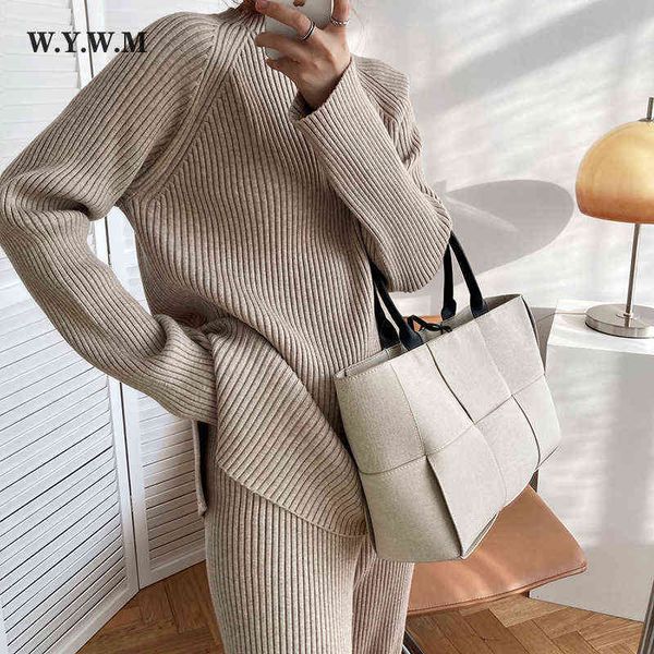 

women's tracksuits wywm 2021 pit stripes knitted sets women casual wide leg pants winter chic ladies two pieces pullover sweater solid, Gray