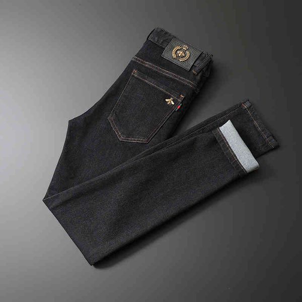 

men's jeans dark blue jeans men's slim fit small feet autumn and winter thick elastic mid rise mn0y