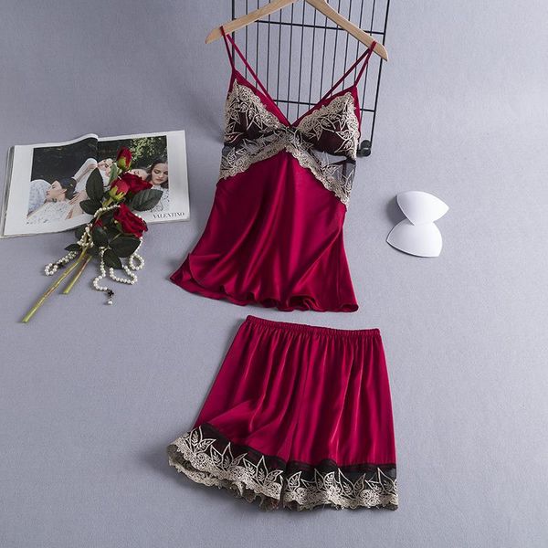 

casual pyjamas satin lace patchwork sleepwear pajamas suit summer women, Black;red