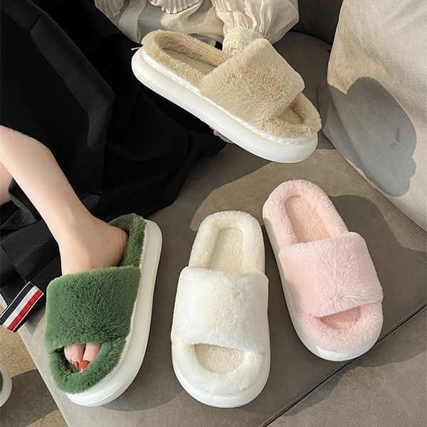 

slippers winter women's slippers thick-bottomed fur furry slippers for home soft platform shoes indoor house warm cotton slides 220901, Black
