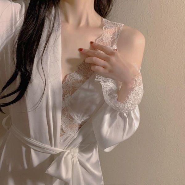 

lace bathrobe nightgown womens sleepwear long kimono robe french court style, Black;red