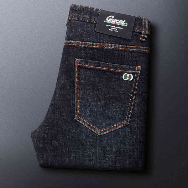 

men's jeans high end jeans men's autumn and winter fashion brand slim fit small feet simple versatile casual long pants zb, Blue