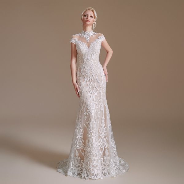 

mermaid wedding dress short sleeve lace-up bridal dress gown simple ys00061, White