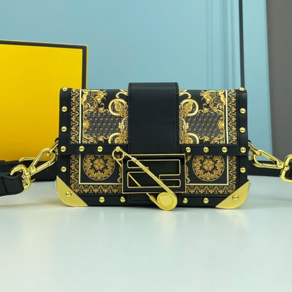 

7a box shoulder bag crossbody bags black square flap clutch bag women leather handbags metal pin edge rivet leather floral printing letter p