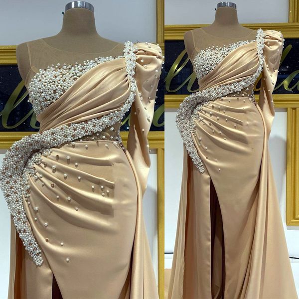 

2022 arabic aso ebi champagne mermaid prom dresses pearls crystals evening formal party second reception birthday engagement gowns dress zj6, Black