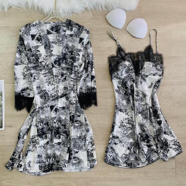 

lace nightgown intimate lingerie sleepwears casual kimono robe set women, Black;red