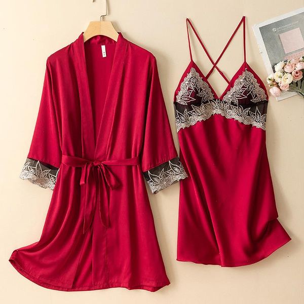 

lace patchwork sleepwear kimono bathrobe gown suit women robe set satin, Black;red
