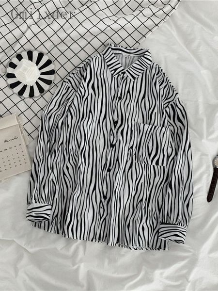 

men s casual shirts large size zebra shirt women autumn striped vintage hip hop blouse all match punk outer wear mid length long sleeved 220, White;black