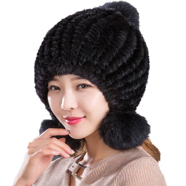 

real mink fur hat women winter warm earmuffs hat fox fur pompom ski cap, Blue;gray