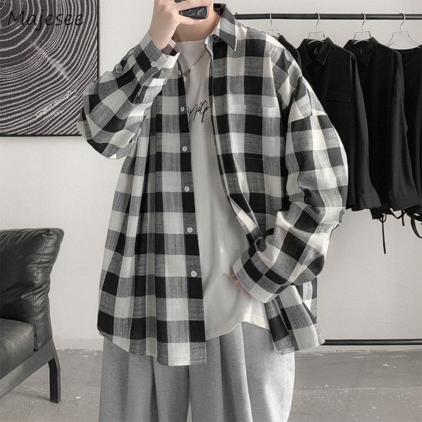 

men s casual shirts retro plaid men couples plus size  3xl simple chic ins fashion loose straight all match outerwear male autumn panelled, White;black