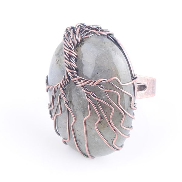 

natural stone labradoirte bead antique rings for women finger jewelry wire wrapped tree of life adjustable ring x3055, Golden;silver
