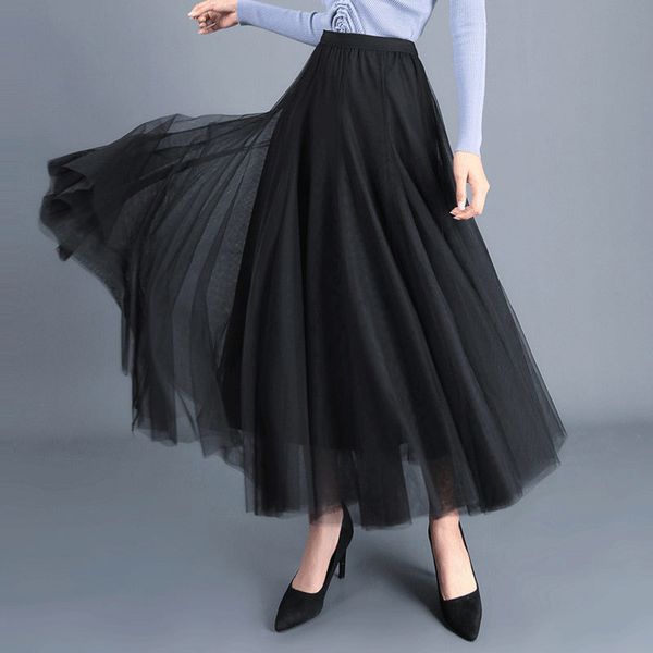 

skirts summer tulle womens midi pleated black skirt women spring fashion elastic high waist mesh tutu 220901