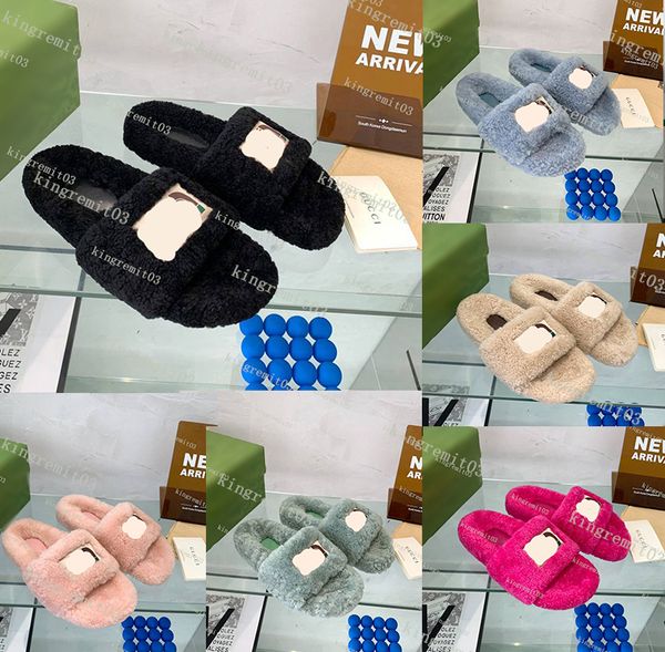 

designer wool slippers women luxury slide fashion sandals warm comfort shoes autumn winter slides scuffs sandal size 35-41 with box, Black