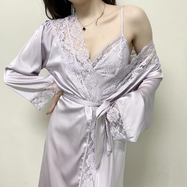 

lace wedding robe sleepwear suspender nightdress set female kimono, Black;red