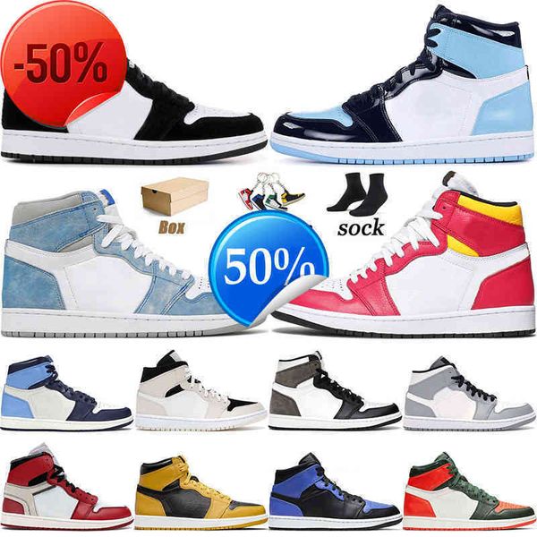 

boots with box 2021 jumpman 1 1s basket shoes high unc patent hyper royal light fusion red obsidian dark mocha mens women trainers sneakers, Black