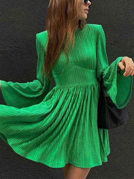 

casual dresses summer pleated flare sleeve women's mini dress green o-neck long sleeve party dress female 2022 ladies elegant fashion v, Black;gray