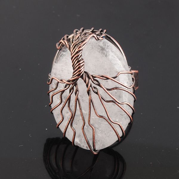 

natural stone crystal bead antique rings for women finger jewelry wire wrapped tree of life adjustable ring x3060, Golden;silver
