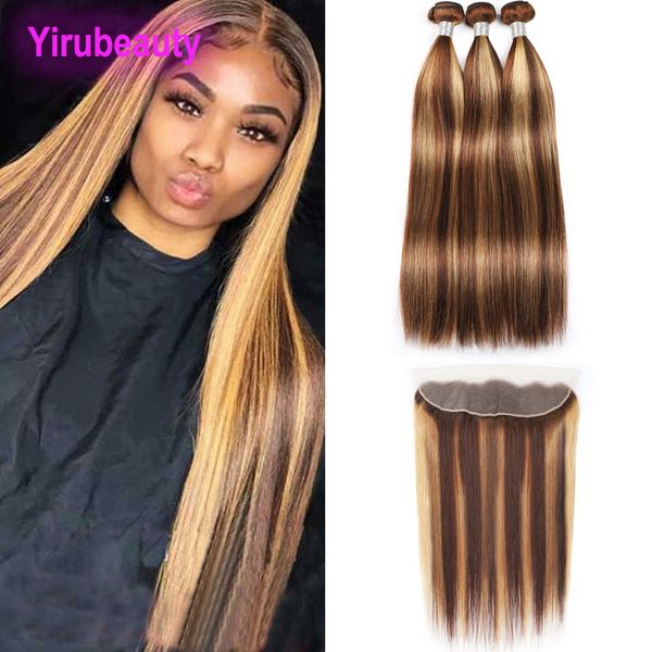 

brazilian peruvian 100% human hair 3 bundles with 13x4 lace frontal p4/27 4pcs yirubeauty indian malaysian, Black;brown