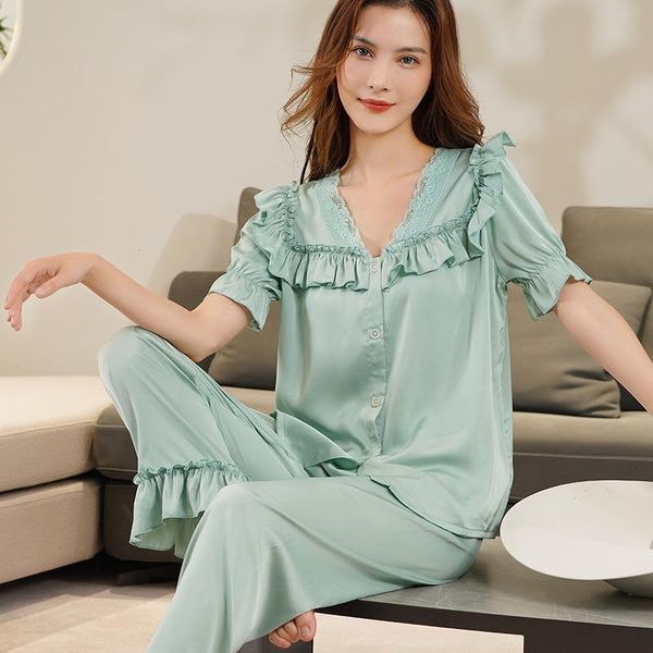 

sleep set sleepwear green patchwork pyjamas sweet lace short sleeve nightwear, Black;red