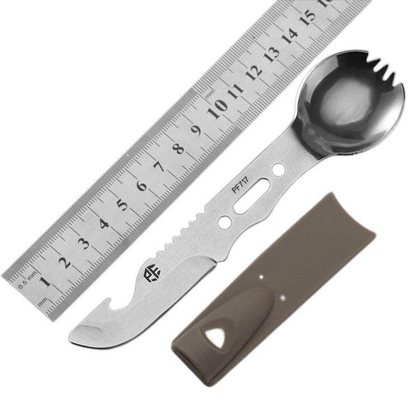 

knife multifunctional tactical outdoor cookout survival kit spoon bottle opener whistle harpoon fork rope hole mirror finish stainless steel