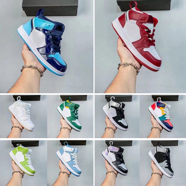 

us size 9c-3y eur 26-35 kids basketball shoes j i 1s unc all star patent lucky green university blue yellow cement red infants big boy obsid, Black