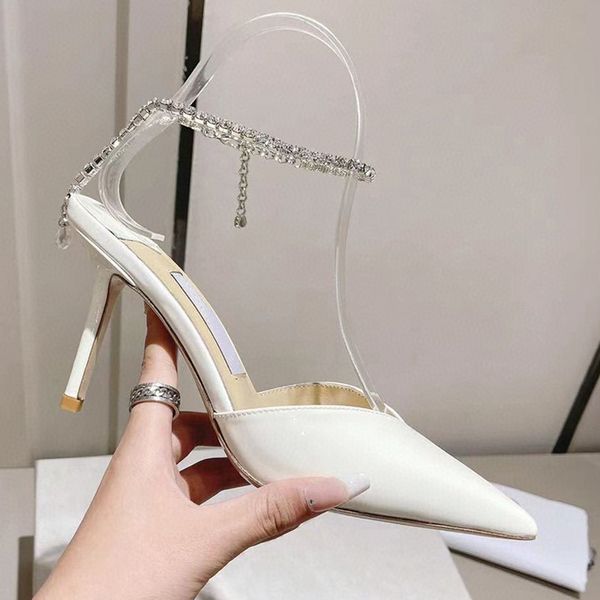 

2022 designer sandals pointed toes rhinestone ankle strap 8.5cm high heels patent leather black nude white women shoes pumps party dress sho