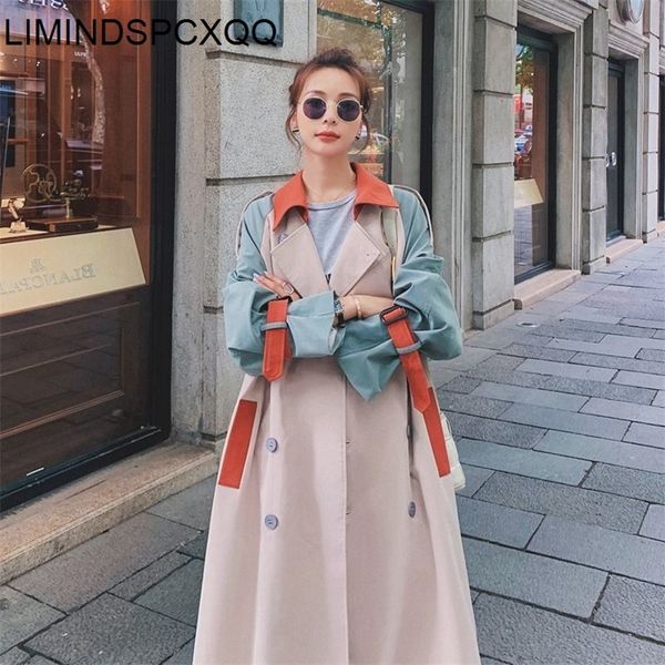 

women's wool blends chic womens color matching windbreaker spring fall korean loose long overcoat female british trench coat with belt, Black