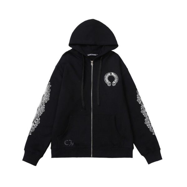 

men's fashion luxury sweatshirts classic ch hoodie hooded designer horseshoe sanskrit loose zipper jacket pullover coat women sweatshi, Black
