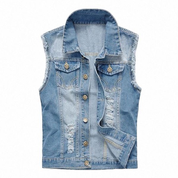 

men's vests men's vests shifuren 2021 jeans vest ripped cowboy frayed blue cotton denim sleeveless jackets casual waistcoat cloth, Black;white