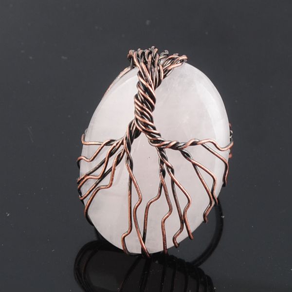 

natural stone rose quartz bead antique rings for women finger jewelry wire wrapped tree of life adjustable ring x3057, Golden;silver