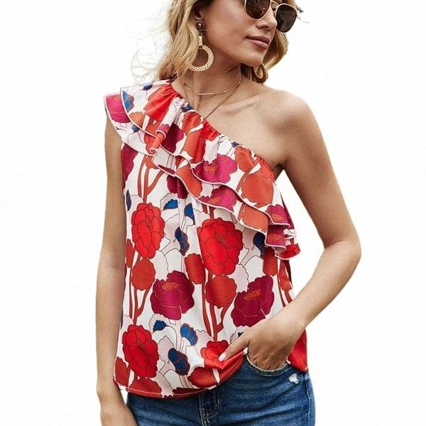 

women's tanks & camis women's tanks & camis women summer one shoulder tank boho flroal print ruffles oblique neck loose vest sleev, White