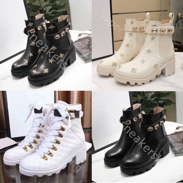 

designer women ankle boots thick-soled desert martin boot embroidery diamonds decorative luxury boots with box 35-41, Black