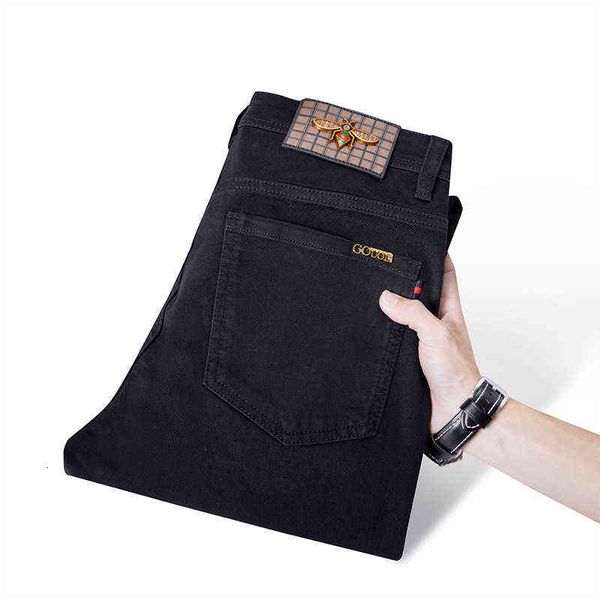 

men's gouoi autumn jeans and winter style korean version elastic slim fit small feet high-end brand pants pure black5cuw, Blue