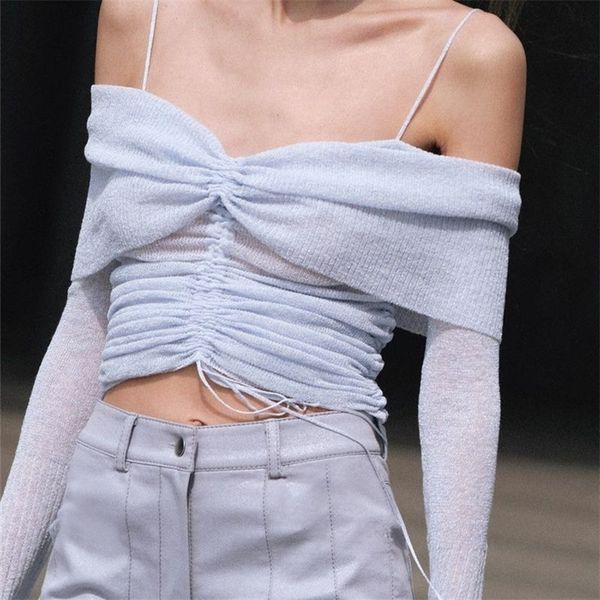 

womens t shirt xeemilo french gentle off shoulder elegant slash neck drawstring bandage crop y2k women long sleeves tees streetwear 220831, White